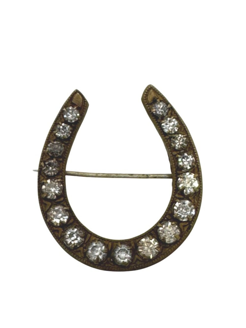 Antique Victorian Horseshoe Rhinestone Brooch Pin Brass Clear Rhinestones 1.5"
